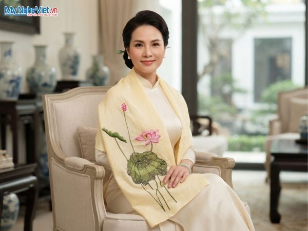 Khăn lụa đũi tơ tằm thêu tay hoa sen cao cấp