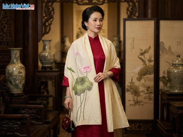 Khăn lụa đũi tơ tằm thêu tay hoa sen cao cấp