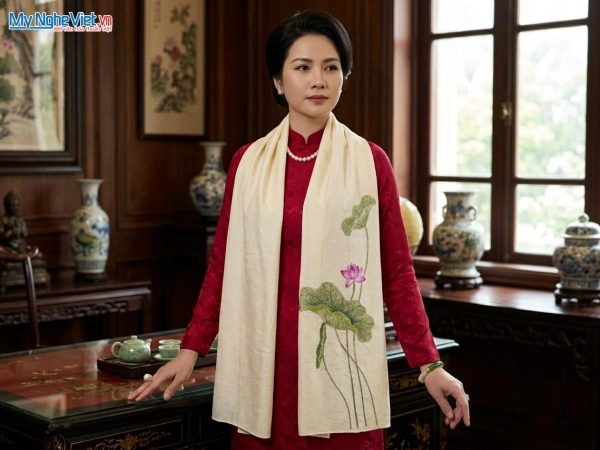 Khăn lụa đũi tơ tằm thêu tay hoa sen cao cấp