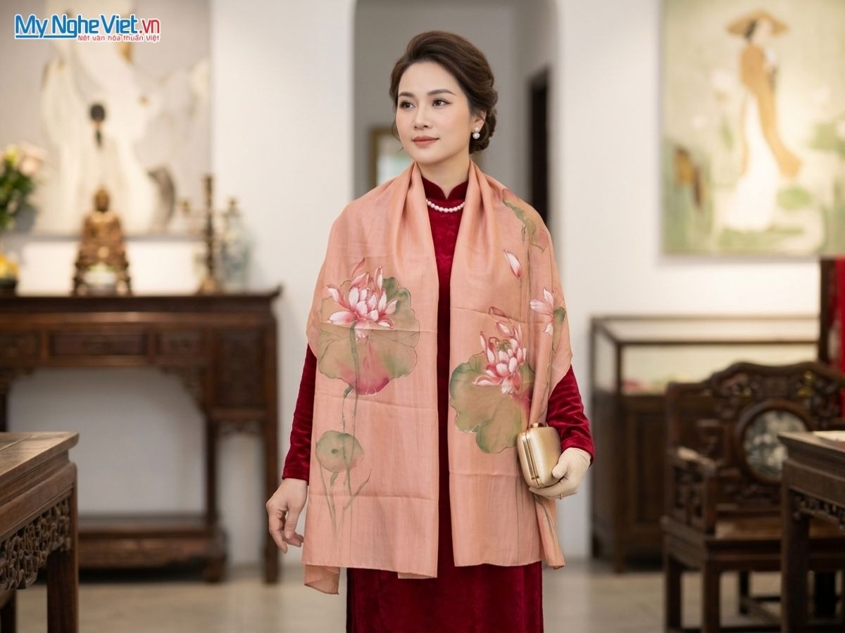 Khăn lụa tơ tằm vẽ tay hoa sen cao cấp