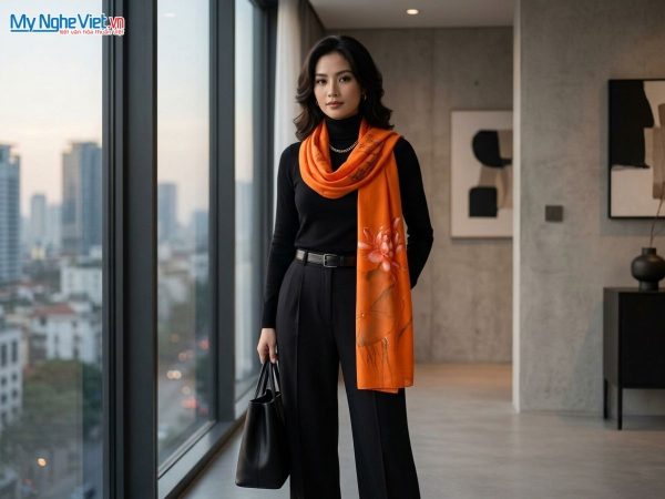 Khăn lụa tơ tằm vẽ tay hoa sen cao cấp