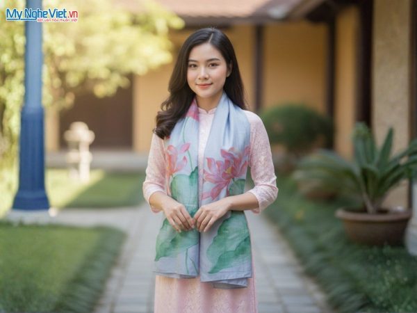Khăn lụa tơ tằm vẽ tay hoa sen cao cấp