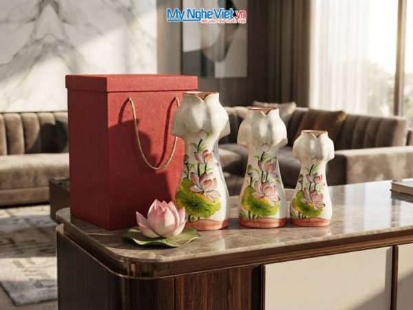 Set 3 Bình Hoa Gốm Bát Tràng Áo Dài Hoa Sen