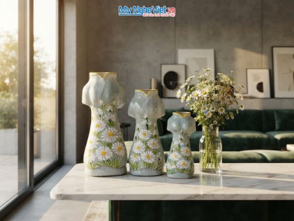 Set 3 Bình Hoa Gốm Bát Tràng Áo Dài Hoa Cúc Họa Mi