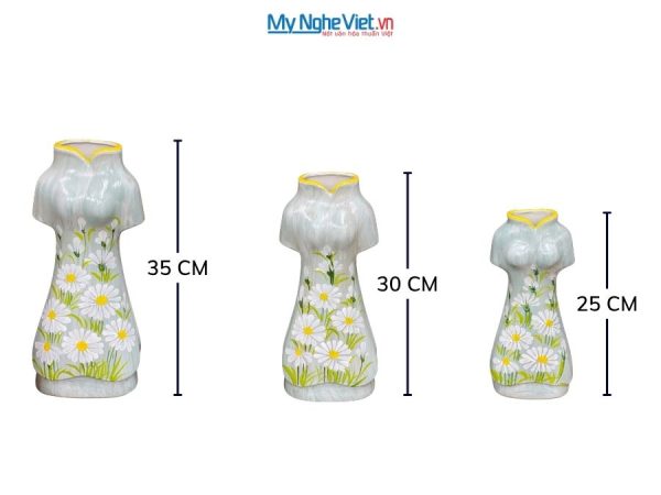 Set 3 Bình Hoa Gốm Bát Tràng Áo Dài Hoa Cúc Họa Mi
