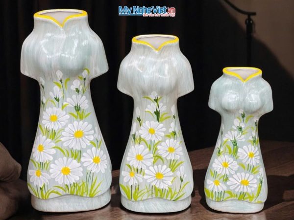 Set 3 Bình Hoa Gốm Bát Tràng Áo Dài Hoa Cúc Họa Mi