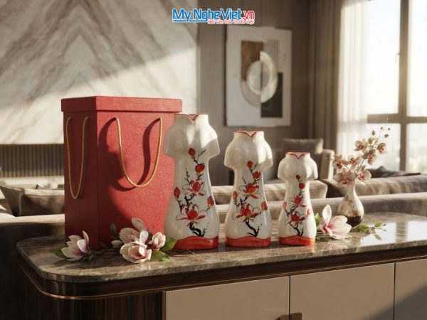 Set 3 Bình Hoa Gốm Bát Tràng Áo Dài Hoa Mộc Lan