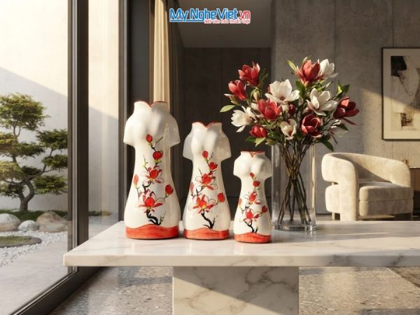 Set 3 Bình Hoa Gốm Bát Tràng Áo Dài Hoa Mộc Lan