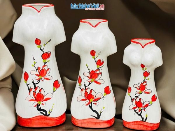Set 3 Bình Hoa Gốm Bát Tràng Áo Dài Hoa Mộc Lan