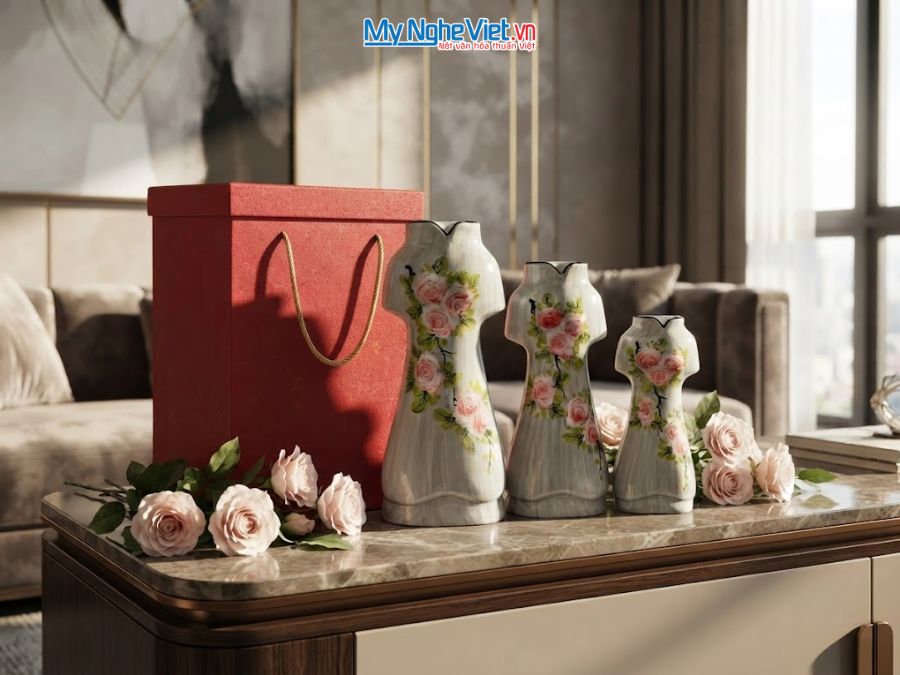 Set 3 Bình Hoa Gốm Bát Tràng Áo Dài Hoa Hồng