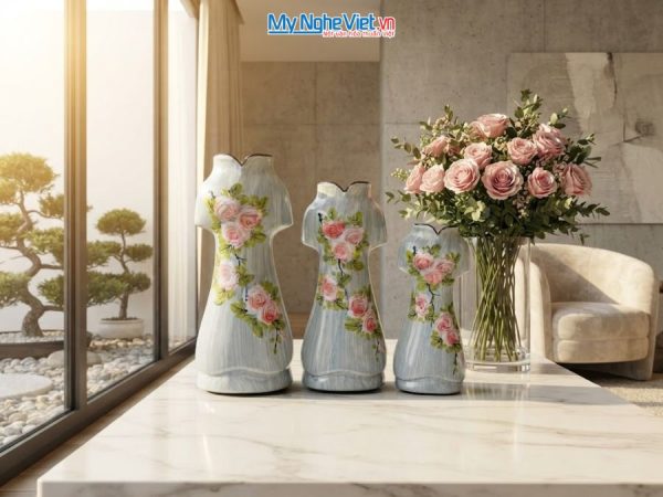 Set 3 Bình Hoa Gốm Bát Tràng Áo Dài Hoa Hồng