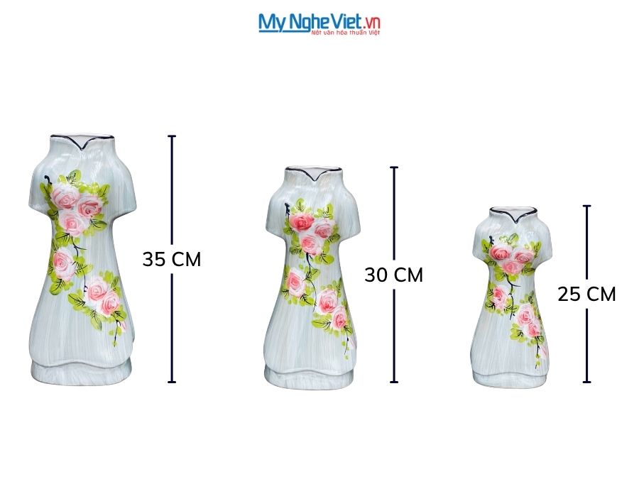 Set 3 Bình Hoa Gốm Bát Tràng Áo Dài Hoa Hồng