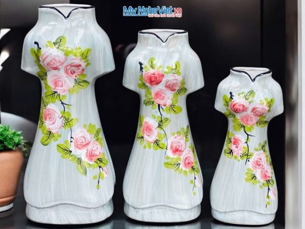 Set 3 Bình Hoa Gốm Bát Tràng Áo Dài Hoa Hồng