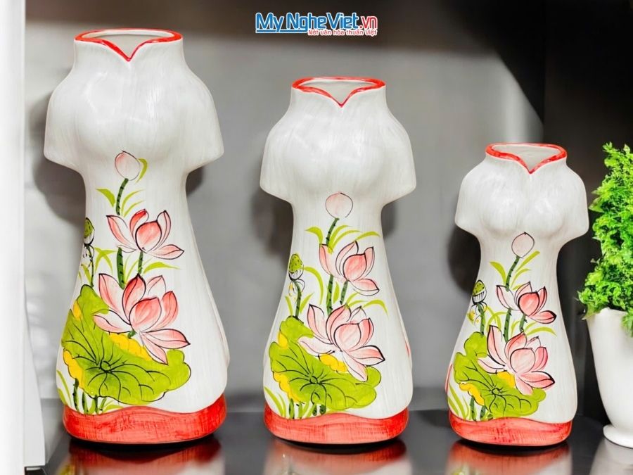 Set 3 Bình Hoa Gốm Bát Tràng Áo Dài Hoa Sen