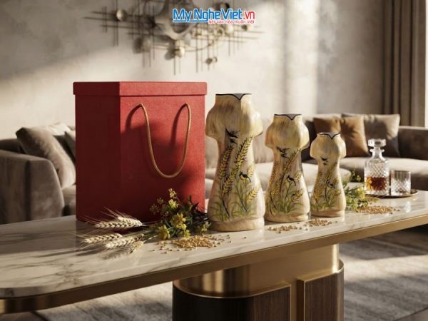Set 3 Bình Hoa Gốm Bát Tràng Áo Dài Bông Lúa