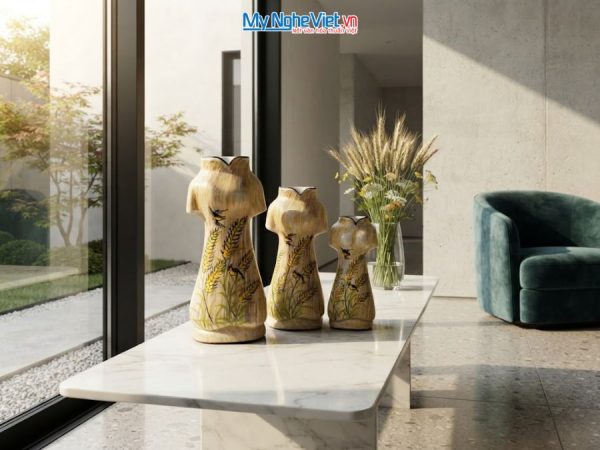 Set 3 Bình Hoa Gốm Bát Tràng Áo Dài Bông Lúa
