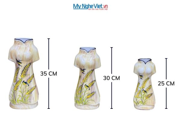 Set 3 Bình Hoa Gốm Bát Tràng Áo Dài Bông Lúa
