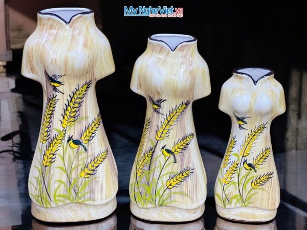 Set 3 Bình Hoa Gốm Bát Tràng Áo Dài Bông Lúa