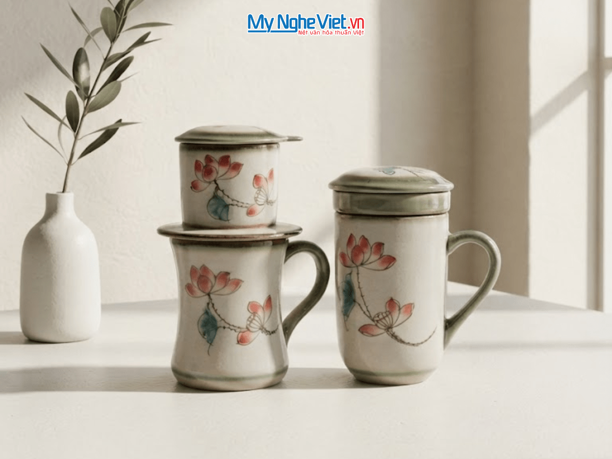 Set quà tặng gốm sứ - Phin cà phê & Ly lọc trà hoa sen