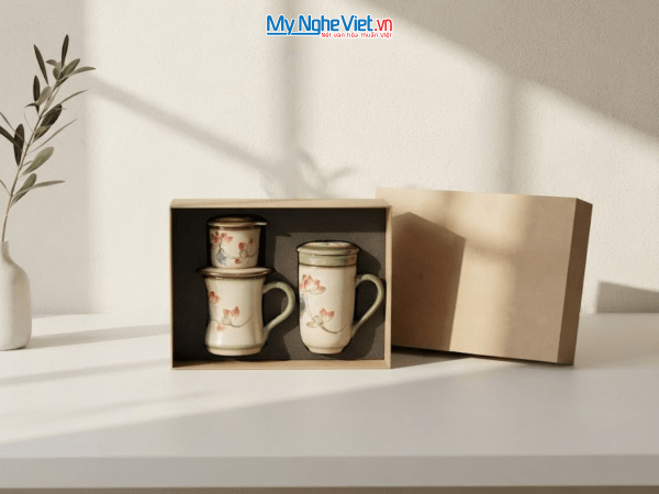 Set quà tặng gốm sứ - Phin cà phê & Ly lọc trà hoa sen