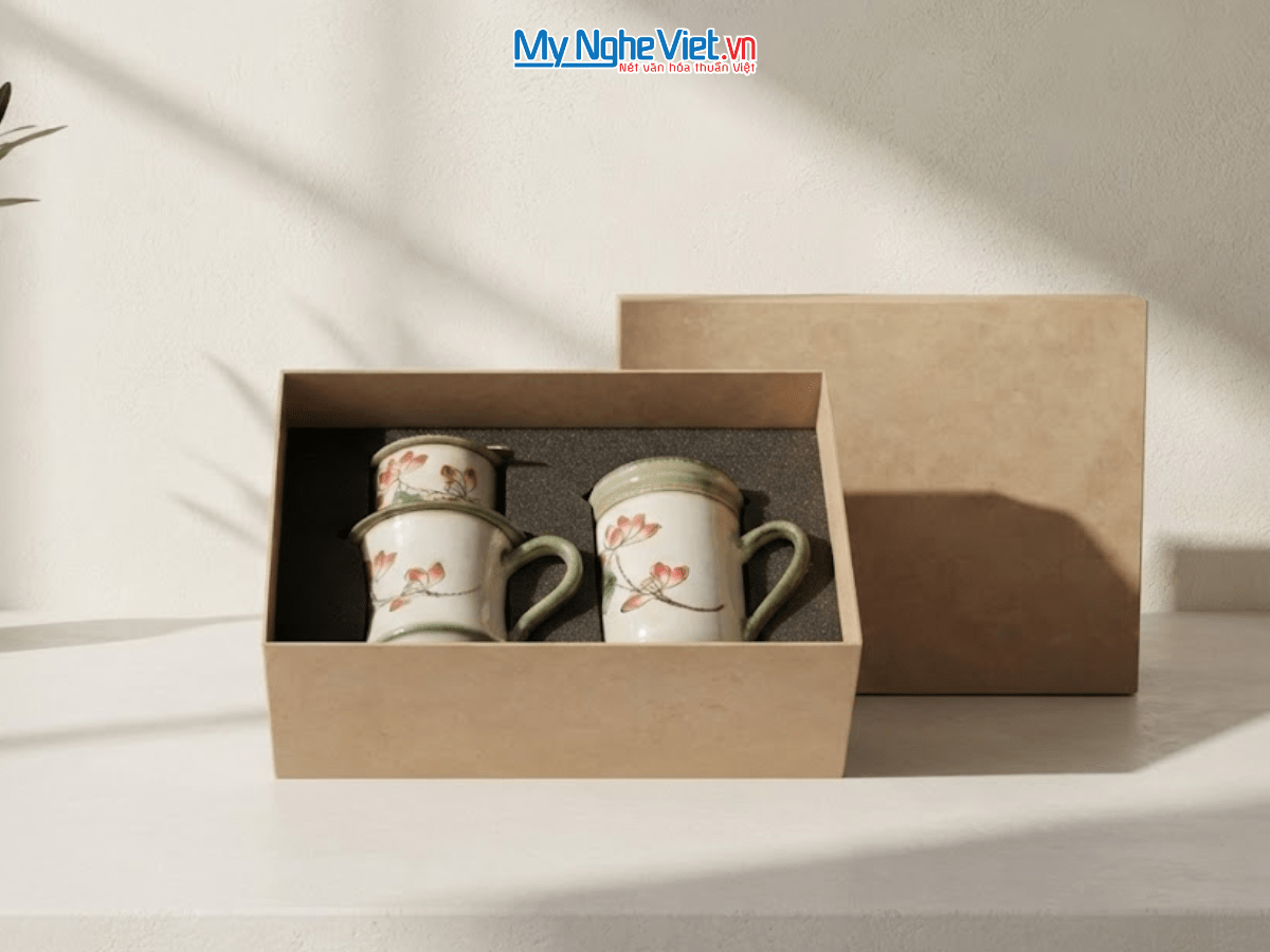 Set quà tặng gốm sứ - Phin cà phê & Ly lọc trà hoa sen