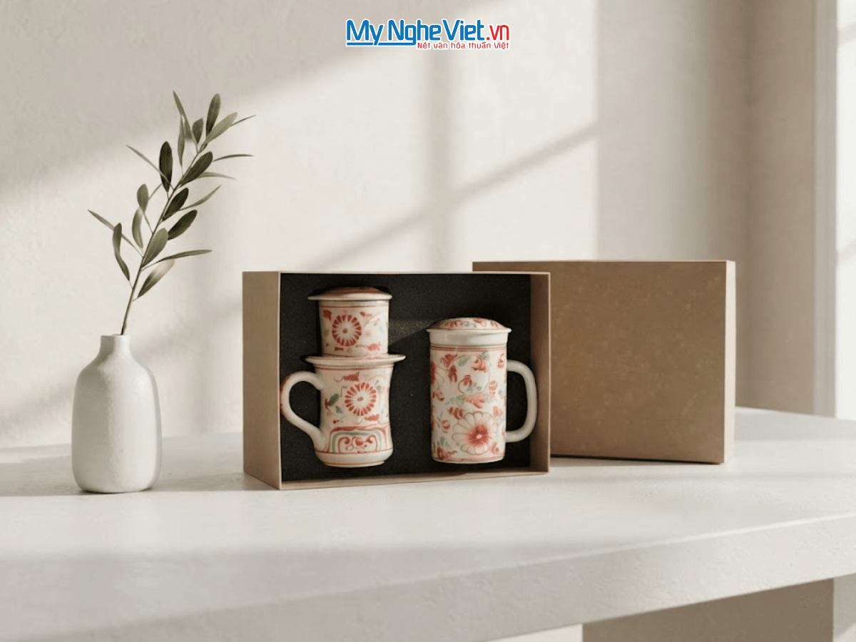 Set quà tặng gốm sứ - Phin cà phê & Ly lọc trà hoa cúc