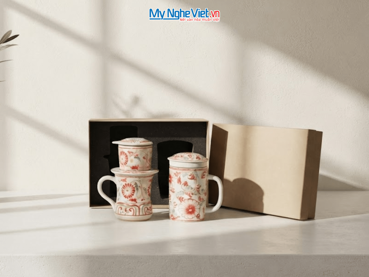 Set quà tặng gốm sứ - Phin cà phê & Ly lọc trà hoa cúc