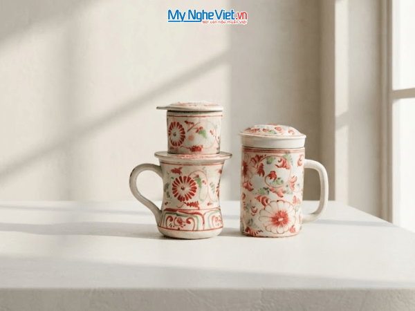 Set quà tặng gốm sứ - Phin cà phê & Ly lọc trà hoa cúc