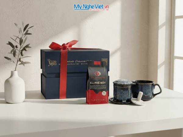 Set quà tặng gốm sứ - Phin cà phê men hỏa biến & Gói cà phê rang xay