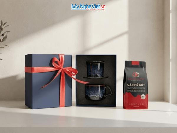 Set quà tặng gốm sứ - Phin cà phê men hỏa biến & Gói cà phê rang xay
