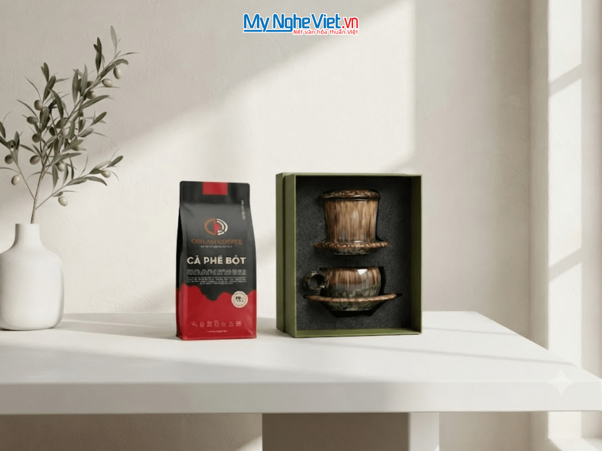 Set quà tặng gốm sứ - Phin cà phê men hỏa biến & Gói cà phê rang xay