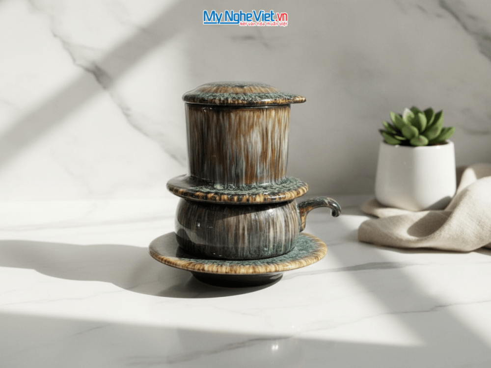 Set quà tặng gốm sứ - Phin cà phê men hỏa biến & Gói cà phê rang xay