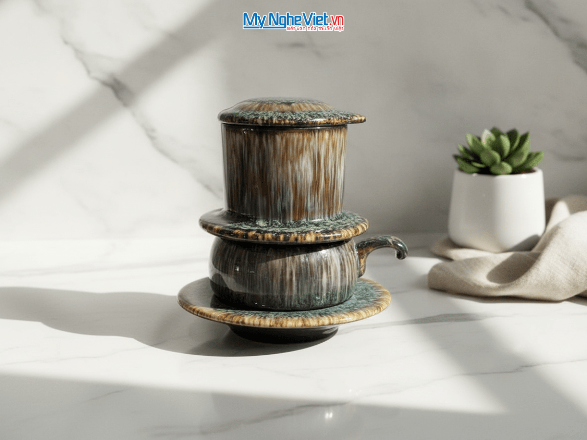 Set quà tặng gốm sứ - Phin cà phê men hỏa biến & Gói cà phê rang xay