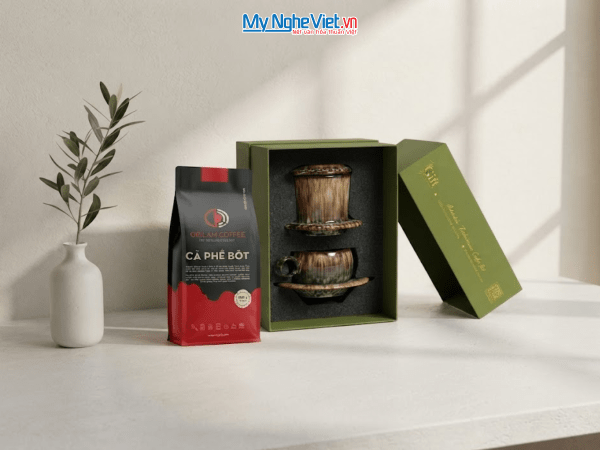 Set quà tặng gốm sứ - Phin cà phê men hỏa biến & Gói cà phê rang xay