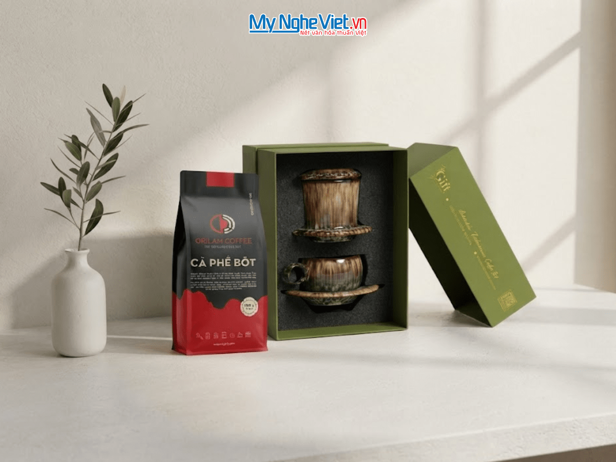 Set quà tặng gốm sứ - Phin cà phê men hỏa biến & Gói cà phê rang xay