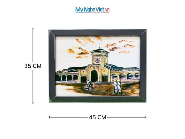 Tranh Sơn Mài Chợ Bến Thành Nền Trắng