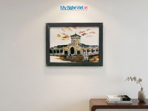Tranh Sơn Mài Chợ Bến Thành Nền Trắng