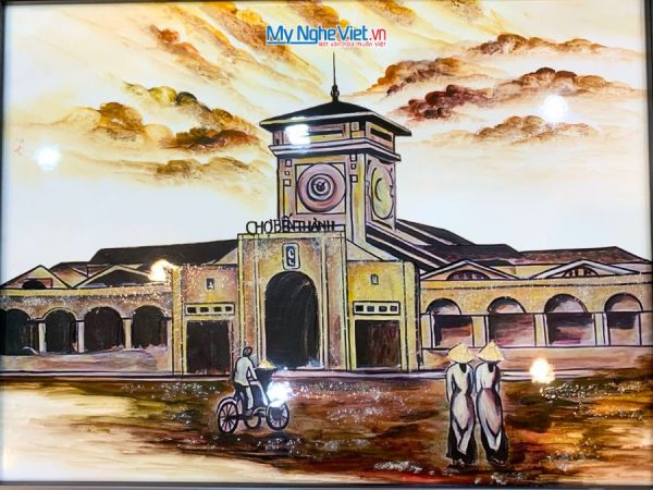 Tranh Sơn Mài Chợ Bến Thành Nền Trắng