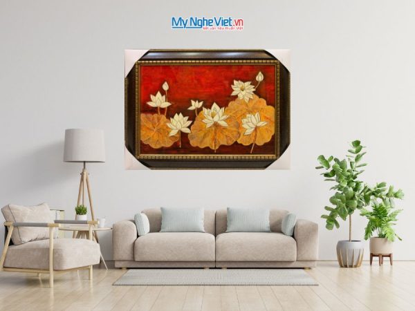 Tranh Sơn Mài Hoa Sen Đắp Nổi Nền Đỏ