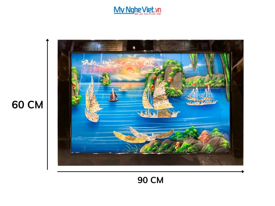 Tranh Sơn Mài Thuận Buồm Xuôi Gió Cẩn Ốc Nổi Nền Xanh