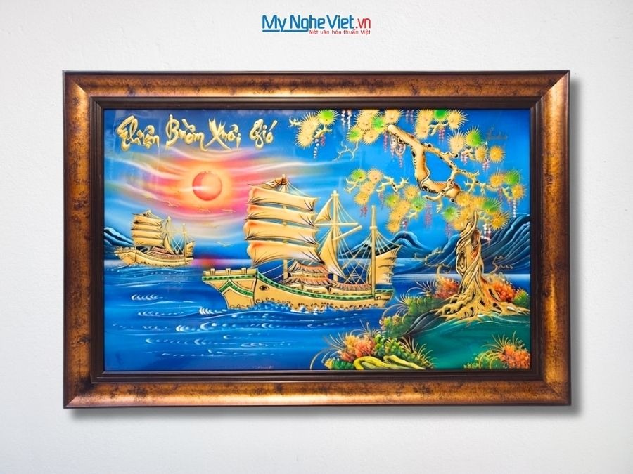 Tranh Sơn Mài Thuận Buồm Xuôi Gió Đắp Nổi Phù Điêu