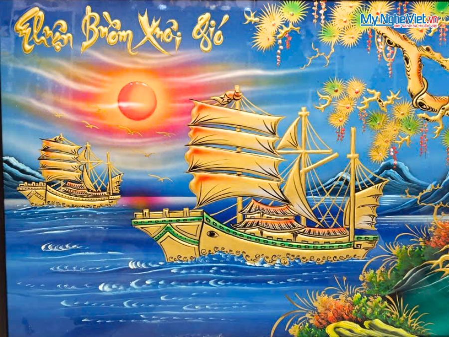Tranh Sơn Mài Thuận Buồm Xuôi Gió Đắp Nổi Phù Điêu
