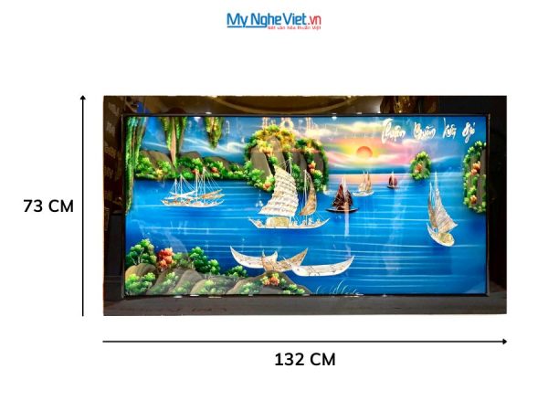 Tranh Sơn Mài Thuận Buồm Xuôi Gió Cấn Ốc Nổi Nền Xanh