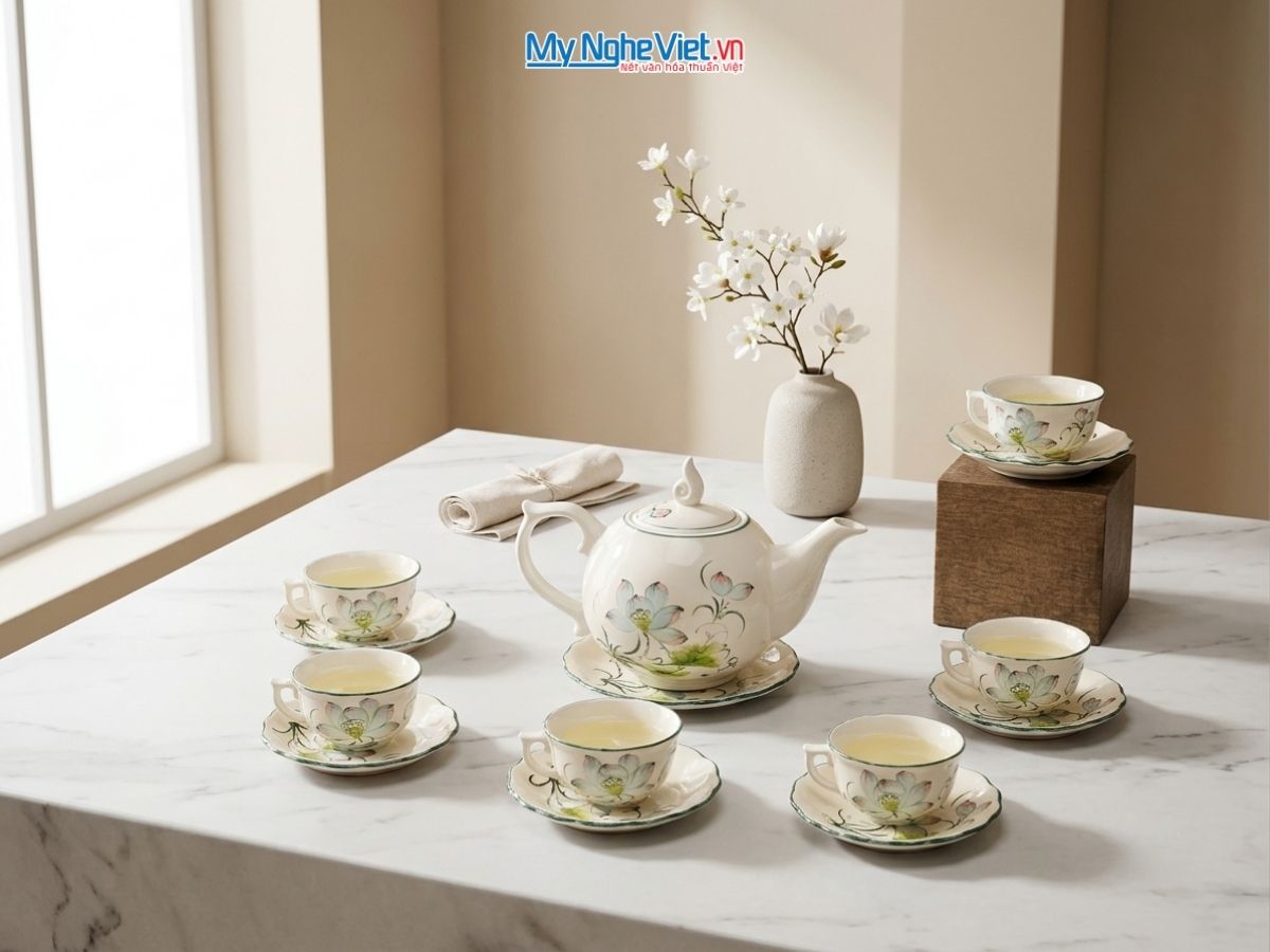 Bộ bình trà men trắng vẽ sen