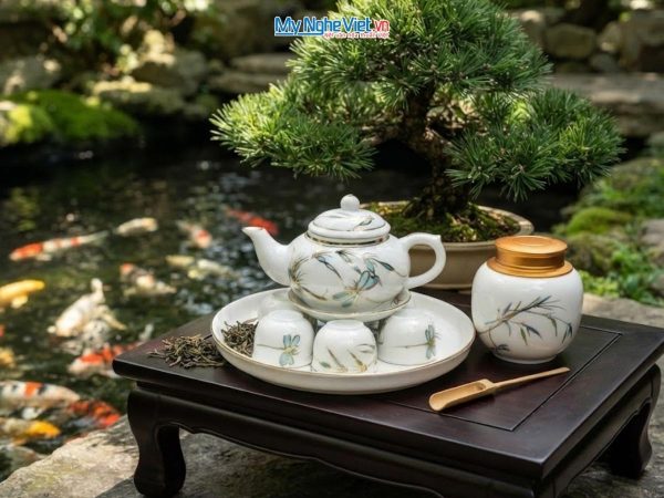 Bộ bình trà men trắng vẽ trúc chuồn
