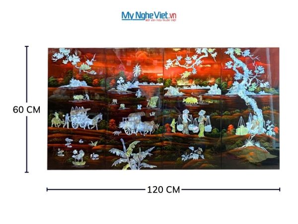 Bộ Tranh Sơn Mài Đồng Quê Cẩn Nổi Nền Ấm