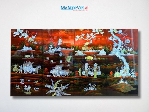 Bộ Tranh Sơn Mài Đồng Quê Cẩn Nổi Nền Ấm