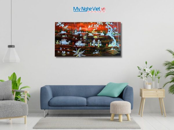 Bộ Tranh Sơn Mài Đồng Quê Cẩn Nổi Nền Ấm