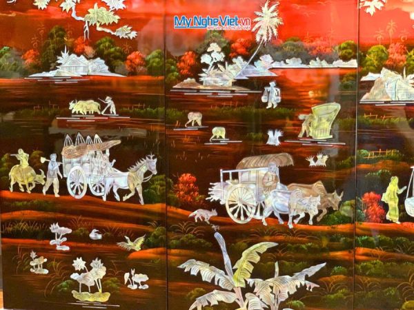 Bộ Tranh Sơn Mài Đồng Quê Cẩn Nổi Nền Ấm