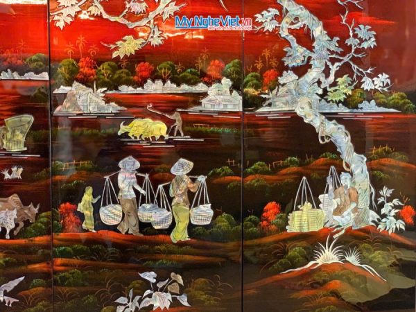 Bộ Tranh Sơn Mài Đồng Quê Cẩn Nổi Nền Ấm